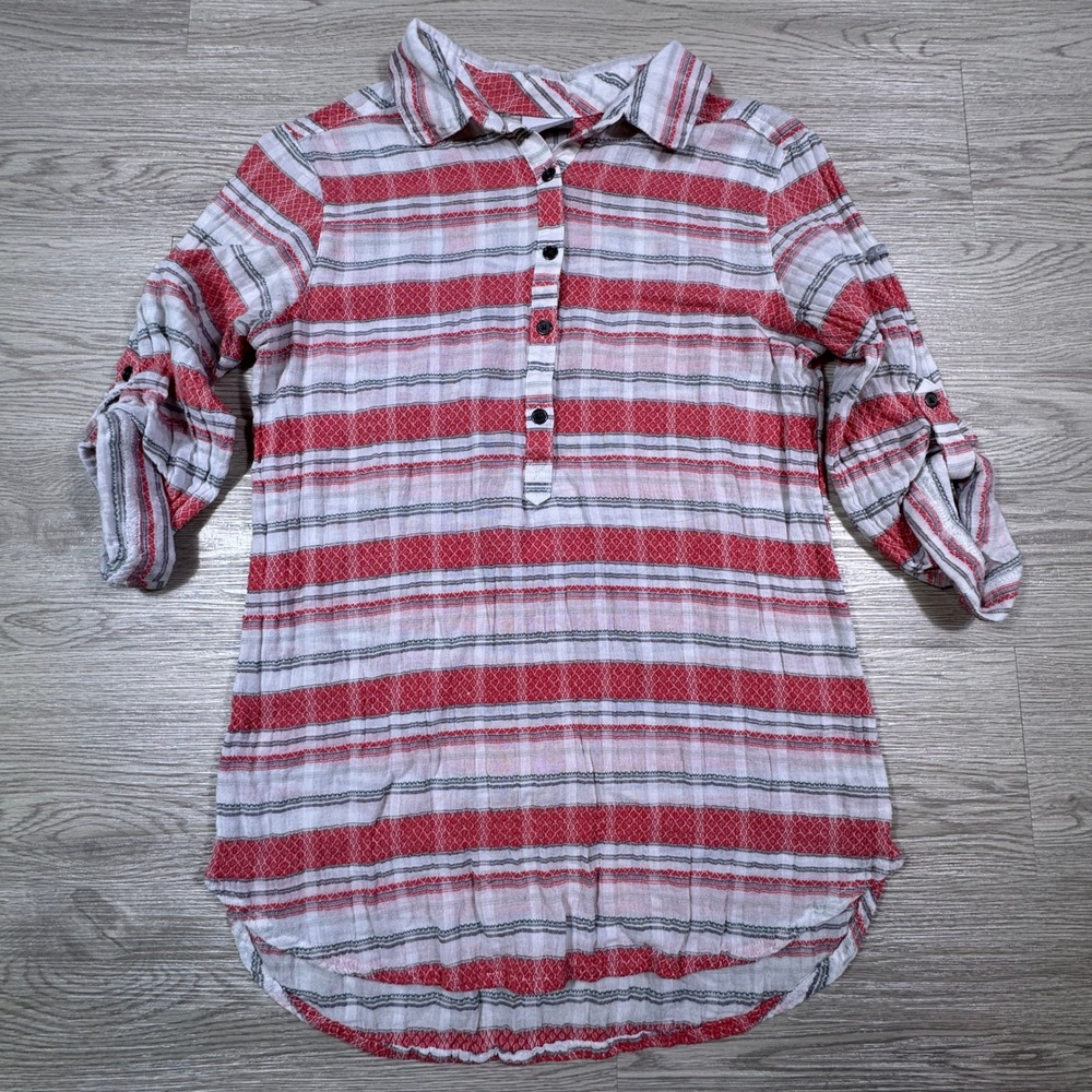 Columbia Women's Tunic Shirt Red White Striped Roll‎ Tab Sleeve Small
